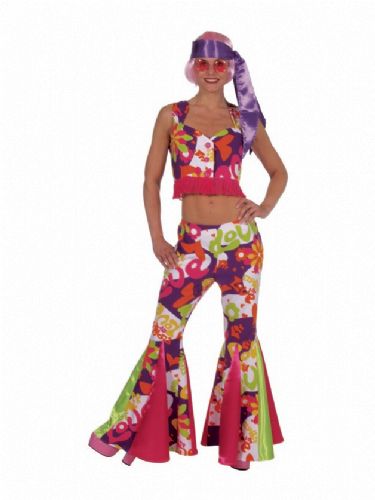 hippiedame wit paars - Willaert, verkleedkledij, carnavalkledij, carnavaloutfit, feestkledij, jaren 60 , r&r, sixties, hippie, flowerpower